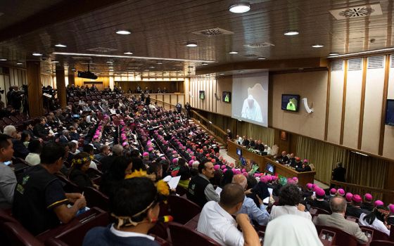 Pope Francis attends the first session of the Synod of Bishops for the Amazon Oct. 7, 2019, at the Vatican. (CNS/Vatican Media) 