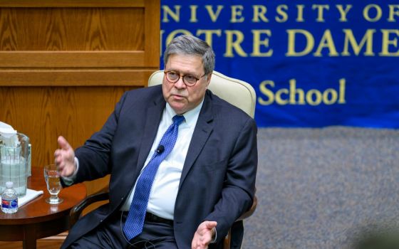 U.S. Attorney General William Barr speaks in the McCartan Courtroom Oct. 11 at the University of Notre Dame's Law School in Indiana. (CNS/University of Notre Dame/Matt Cashore)
