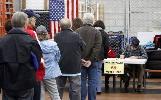 Voters line up prior to casting their ballots at a polling station in Nesconset, New York, on Election Day Nov. 6, 2018. (CNS/Gregory A. Shemitz)