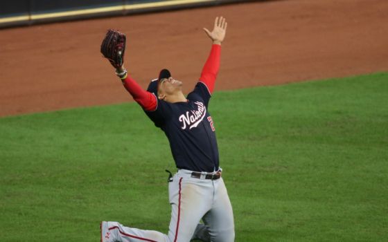 Washington Nationals left fielder Juan Soto celebrates after the team defeated the Houston Astros 6-2 in Game 7 of the 2019 World Series at Minute Maid Park in Houston. (CNS/USA TODAY Sports via Reuters/Thomas B. Shea)