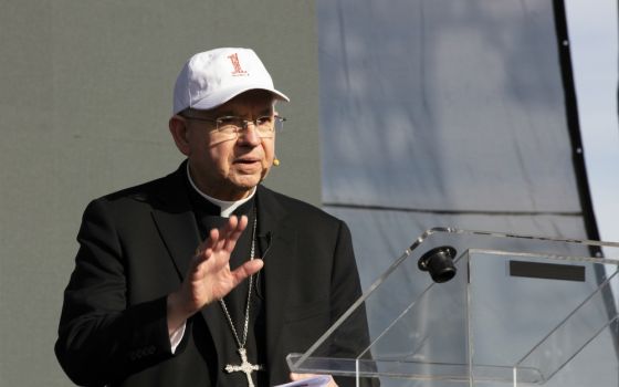 Archbishop José Gomez speaks to pro-life advocates during the OneLife LA rally in Los Angeles Jan. 18, 2020, held to mark the anniversary of the U.S. Supreme Court's 1973 decision legalizing abortion. (CNS/Angelus News/Victor Aleman)
