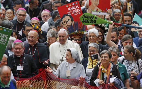 Pope Francis walks in a procession at the start of the first session of the Synod of Bishops for the Amazon at the Vatican Oct. 7, 2019. (CNS/Paul Haring)