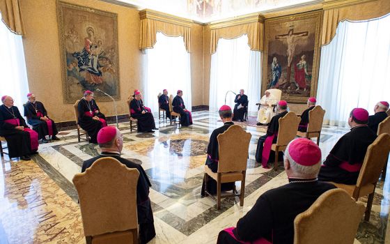 Pope Francis meets with French bishops making their "ad limina" visits at the Vatican March 9, 2020. (CNS/Vatican Media)