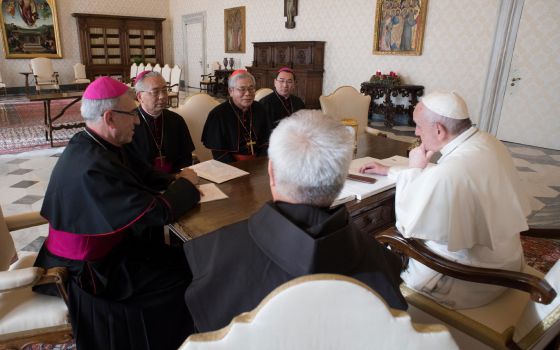 Pope Francis met with leaders of the Japanese bishops' conference Dec. 17, 2018, in the papal library of the apostolic palace. From left to right are: Auxiliary Bishop Josep Abella Batlle of Osaka; Archbishop Joseph Mitsuaki Takami of Nagasaki, bishops' c