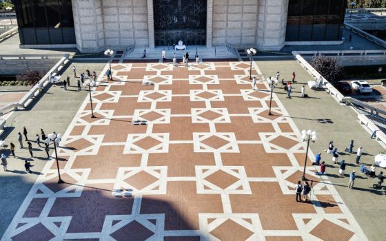 Drone footage shows the plaza of San Francisco's Cathedral of St. Mary of the Assumption with five Masses being celebrated simultaneously Aug. 15. (CNS/Archdiocese of San Francisco/Dennis Callahan)
