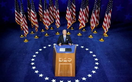 Democratic presidential candidate Joe Biden delivers a speech from Wilmington, Delaware, Aug. 20 during the virtual Democratic National Convention. (CNS/Reuters/Kevin Lamarque)