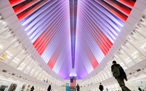 Lights are seen illuminated to honor veterans on Veterans Day at the Oculus Transportation Hub in New York City Nov. 11, 2020. (CNS/Reuters/Andrew Kelly)
