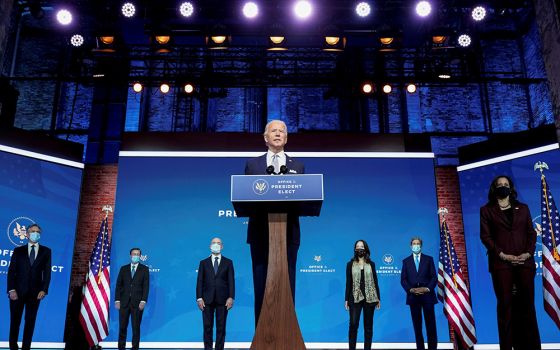 President-elect Joe Biden stands with his nominees for his national security team at his transition headquarters in the Queen Theater Nov. 24, 2020, in Wilmington, Delaware. (CNS/Joshua Roberts, Reuters)