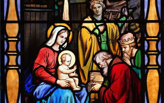 The Adoration of the Magi is depicted in a stained-glass window at St. Mary of the Isle Church in Long Beach, New York. (CNS/Gregory A. Shemitz)