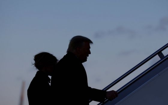Then-President Donald Trump and first lady Melania Trump depart Joint Base Andrews in Maryland Jan. 20, ahead of then-President-elect Joe Biden's inauguration. (CNS/Carlos Barria, Reuters)