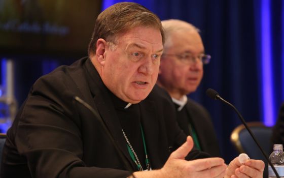 Cardinal Joseph Tobin of Newark, New Jersey, answers questions alongside Archbishop José Gomez of Los Angeles during a news conference at the fall general assembly of the U.S. bishops' conference in Baltimore Nov. 12, 2019. (CNS/Bob Roller)