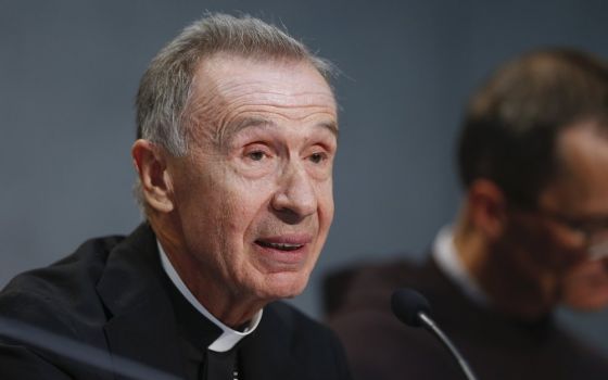 Then-Archbishop Luis Ladaria Ferrer speaks at a Vatican press conference in this Sept. 8, 2015, file photo. Ladaria is now a cardinal and prefect of the Congregation for the Doctrine of the Faith. (CNS/Paul Haring)