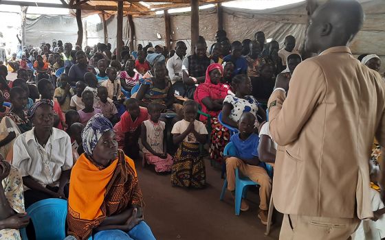 Oola Bosco, a catechist, teaches at the Palabek Refugee Settlement March 2021 in Uganda. Many of the refugees at the settlement are from South Sudan. (Courtesy of Lazar Arasu)