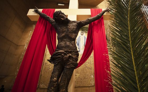 A crucifix is seen at the Cathedral of Our Lady of the Angels in Los Angeles on Palm Sunday, March 28. (CNS/Victor Aleman, courtesy of the Archdiocese of Los Angeles)