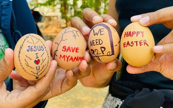 Easter eggs painted with slogans from the protests against the military coup are displayed in Mandalay, Myanmar, April 3. (CNS/Social media via Reuters)