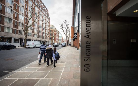 The Vatican in 2018 bought this building at 60 Sloane Avenue in the Chelsea neighborhood in London as an investment after first owning a partial stake in the property. The entrance to the building is pictured in 2012. (CNS photo/courtesy Marcin Mazur)