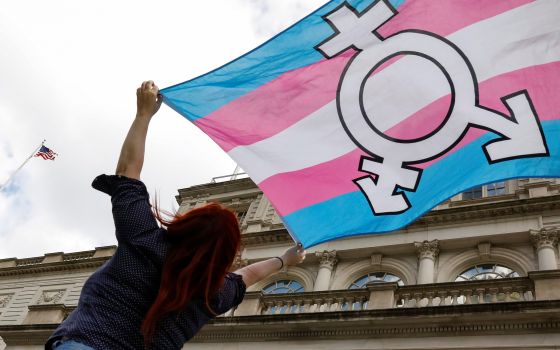 A person in New York City holds up a transgender flag Oct. 24, 2018. (CNS photo/Brendan McDermid, Reuters)