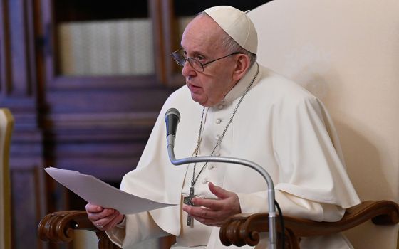 Pope Francis leads his general audience in the library of the Apostolic Palace at the Vatican April 28. (CNS/Vatican Media)