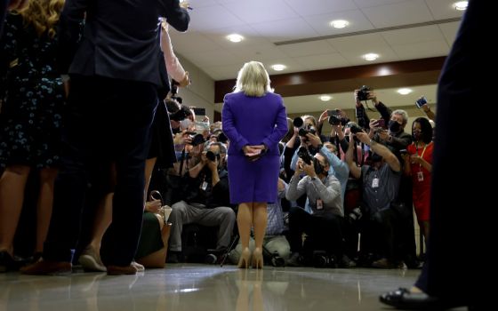 Rep. Liz Cheney, R-Wyoming, speaks to reporters after House Republicans vote to remove her as chair of the House GOP Conference on Capitol Hill in Washington May 12, 2021. (CNS/Reuters/Jonathan Ernst)