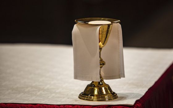 The Eucharist rests upon a paten on an altar in a cathedral. (CNS/Chaz Muth)