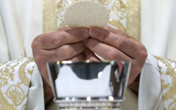 A priest holds the Eucharist in this illustration. (CNS/Bob Roller)