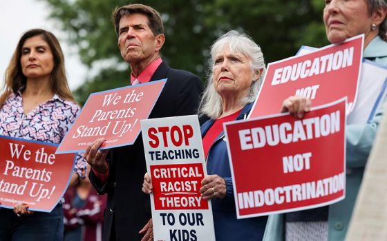 Opponents of "critical race theory" protest June 22 outside of the Loudoun County School Board headquarters in Ashburn, Virginia. (CNS/Reuters/Evelyn Hockstein)
