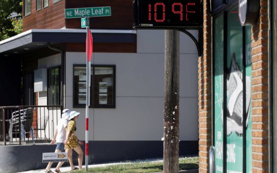 A digital sign in Seattle shows a temperature reading of 109 degrees Fahrenheit June 28, 2021. (CNS photo/Jason Redmond, Reuters)