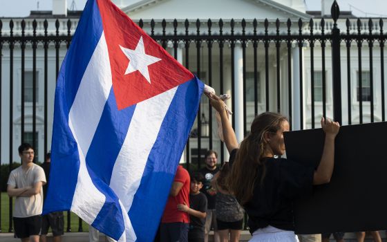People in Washington demonstrate near the White House July 19, 2021, following July 11 protests in Cuba against the government and a deteriorating economy. (CNS photo by Tyler Orsburn)