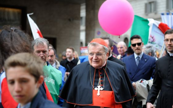 Cardinal Raymond L. Burke walks in the ninth national March for Life in Rome May 18, 2019. The Shrine of Our Lady of Guadalupe in La Crosse, Wis., reported Aug. 21, 2021, that the cardinal, who remained hospitalized for COVID-19, was removed from a ventil