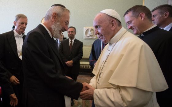 Pope Francis greets Rabbi Riccardo Di Segni, chief rabbi of Rome, during a meeting with international Jewish leaders Aug. 31, 2017, at the Vatican. (CNS/L'Osservatore Romano)