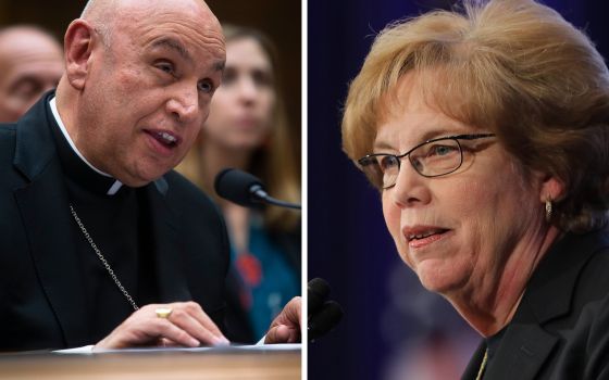 Auxiliary Bishop Mario E. Dorsonville of Washington, who is the chairman of the U.S. bishops' migration committee, and Dominican Sister Donna Markham, president and CEO of Catholic Charities USA, are seen in this composite photo. (CNS composite; photos by