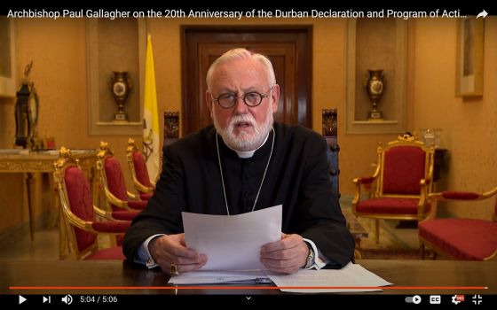 Archbishop Paul Gallagher, Vatican secretary for relations with states, speaks in a prerecorded video released Sept. 21, 2021, to high-level U.N. meeting in New York and posted to the Holy See U.N. YouTube page. Archbishop Gallagher said racism and religi