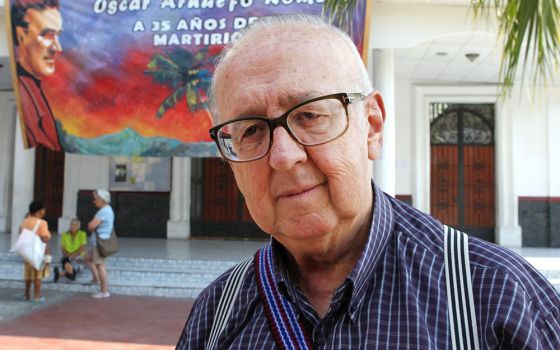 Fr. Pablo Richard Guzman stands in front of St. Anthony Catholic Church May 22, 2015, in Soyapango, El Salvador. Guzman, one of the fathers of liberation theology, died in Costa Rica Sept. 20, at age 81. (CNS/Chaz Muth)