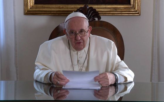 Pope Francis speaks in this still frame from a recorded video message released Sept. 29, 2021, to a Youth 4 Climate seminar on the promotion of sustainable education, in the run-up to COP26, the November U.N. Climate Change Conference. (CNS photo/Vatican)