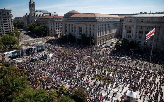 Supporters of legal abortion rally at Freedom Plaza in Washington before marching to the U.S. Supreme Court Oct. 2, during the nationwide Women's March protesting a new Texas law that bans most abortions after six weeks of pregnancy. (CNS/Reuters/Al Drago