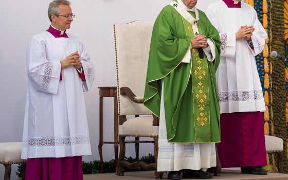 Pope Francis has named Msgr. Diego Giovanni Ravelli, left, as his new master of papal liturgical ceremonies, succeeding Bishop-designate Guido Marini, right, recently named bishop of Tortona, Italy. They are pictured in an undated photo. (CNS photo/Vatica