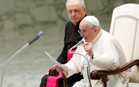 Pope Francis gestures as he speaks during the weekly general audience at the Vatican Oct. 20, 2021. (CNS photo/Remo Casilli, Reuters)