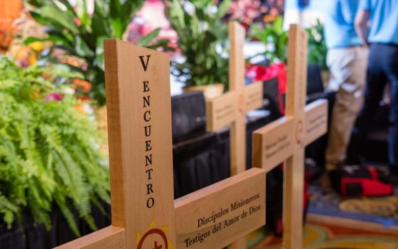 Crosses representing different regions of the United States are seen during a Sept. 21, 2018, session of V Encuentro, or the Fifth National Encuentro, in Grapevine, Texas. (CNS photo/James Ramos, Texas Catholic Herald)