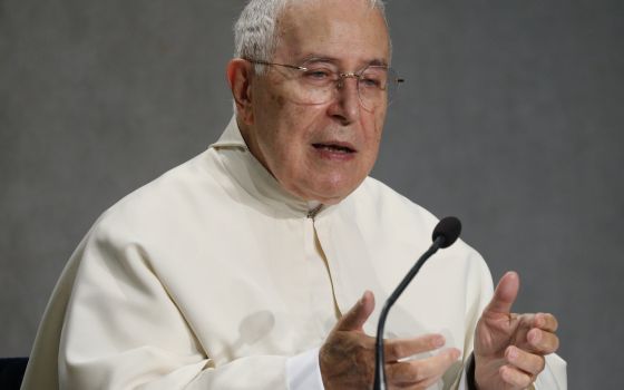 Norbertine Father P. Bernard Ardura, president of the Pontifical Committee for Historical Sciences, speaks during a news conference at the Vatican Oct. 26, 2021. (CNS photo/Paul Haring)