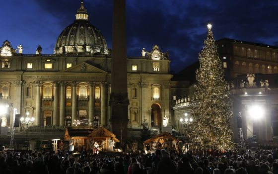The Christmas tree sparkles after a lighting ceremony in St. Peter's Square at the Vatican in this Dec. 5, 2019, file photo.  (CNS photo/Paul Haring)