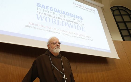 U.S. Cardinal Sean P. O'Malley, president of the Pontifical Commission for the Protection of Minors, is pictured during a seminar on safeguarding children at the Pontifical Gregorian University in Rome March 23, 2017. (CNS photo/Paul Haring)