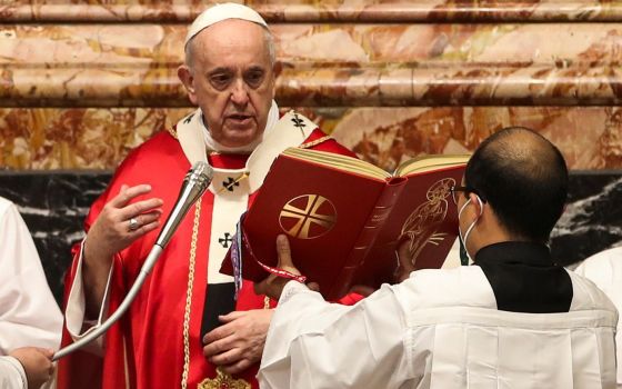 Pope Francis celebrates a memorial Mass in St. Peter's Basilica at the Vatican Nov. 4, 2021. (CNS photo/Yara Nardi, pool via Reuters)