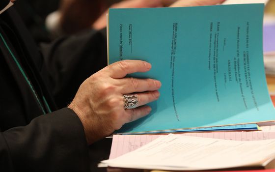 A bishop looks over paperwork during a Nov. 17 session of the fall general assembly of the U.S. Conference of Catholic Bishops in Baltimore. (CNS/Bob Roller)