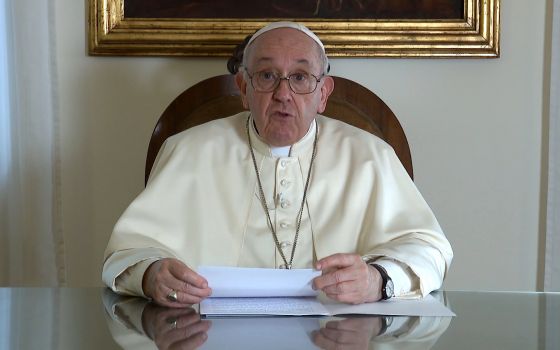 Pope Francis speaks in this still frame from a video message to the plenary assembly of the Pontifical Council for Culture at the Vatican Nov. 23, 2021. (CNS photo/Vatican Media)