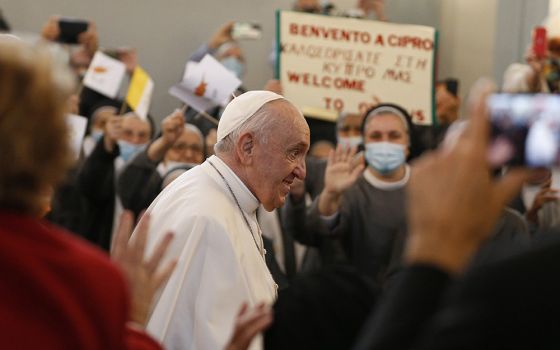 Pope Francis arrives to lead a meeting with priests, religious, deacons, catechists and members of church groups and movements at the Maronite Cathedral of Our Lady of Grace Dec. 2 in Nicosia, Cyprus. (CNS/Paul Haring)