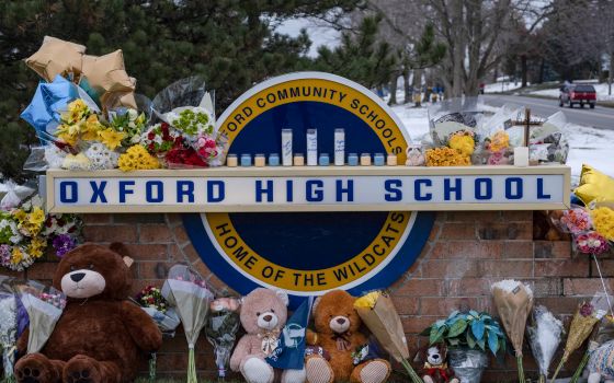 A memorial is seen at Oxford High School in Oxford, Mich., Dec. 1, 2021. (CNS photo/Seth Herald, Reuters)