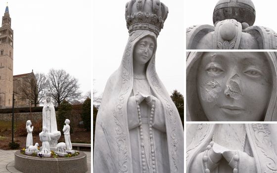 A composite photo shows damage to a statue of Our Lady of Fatima that stands with the three shepherd children near the Basilica of the National Shrine of the Immaculate Conception in Washington Dec. 8, 2021.  (CNS composite; photos by Tyler Orsburn)