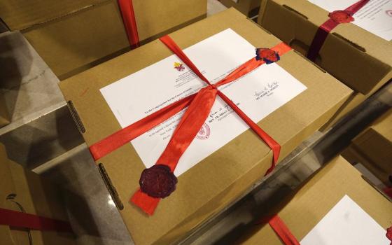 Sealed archival boxes containing documents related to Dorothy Day's canonization cause are seen in the sanctuary following a Mass Dec. 8, at St. Patrick's Cathedral in New York City. (CNS/Gregory A. Shemitz)