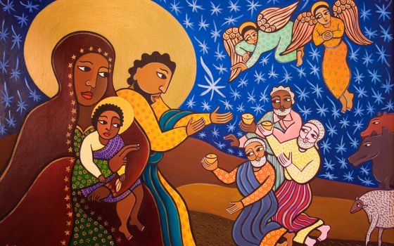 The Holy Family at the Nativity is depicted in this painting by artist Laura James. (CNS/Bridgeman Images)