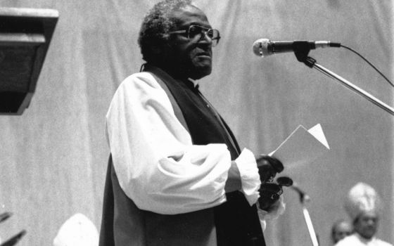 Anglican Archbishop Desmond Tutu is pictured in a 1990 photo. During Marybeth Christie Redmond's first job as a journalist at a local television station, she interviewed Tutu, an experience that stayed with her through 36 years. (CNS/The Southern Cross)